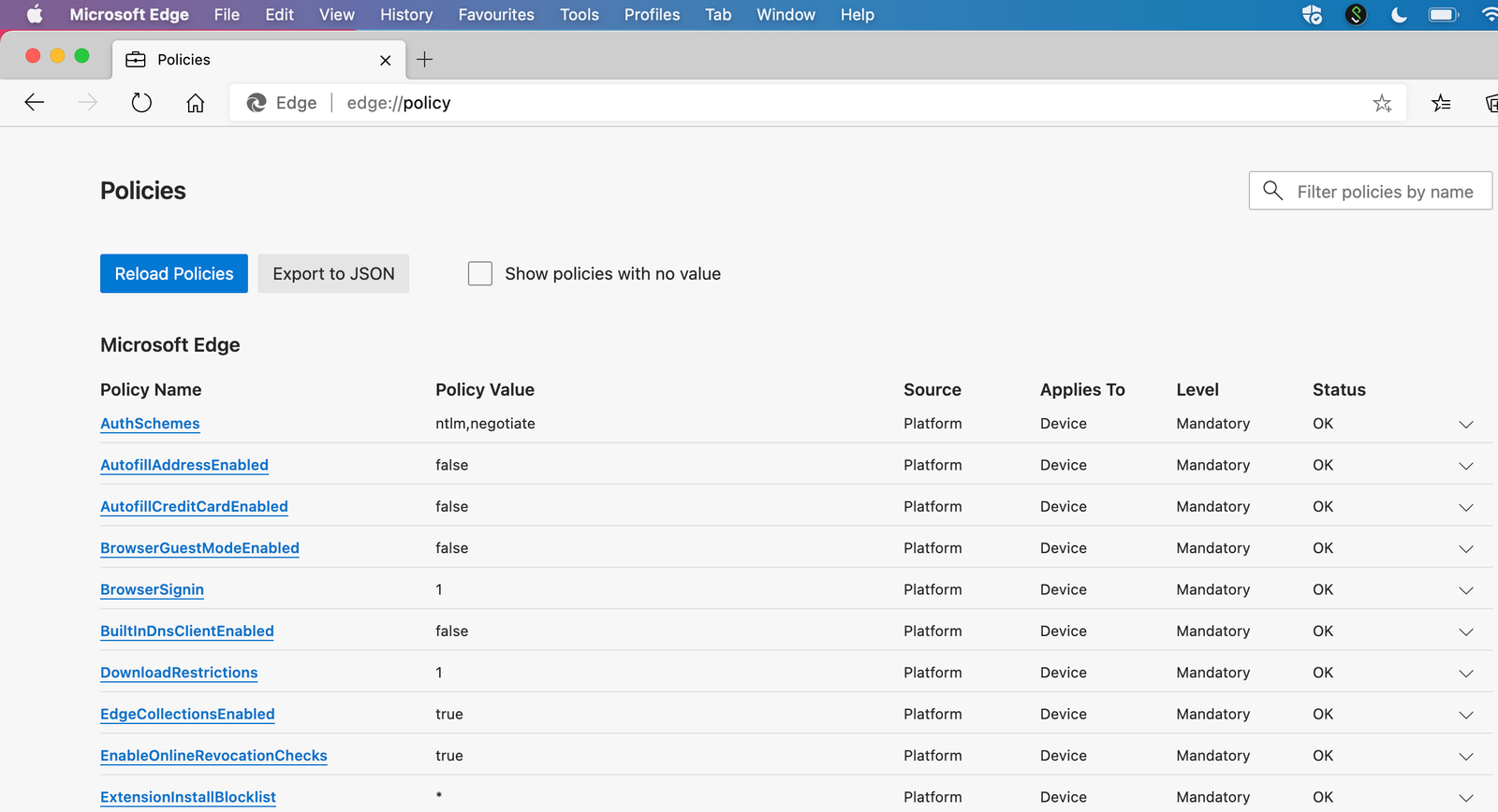 Edge policy page showing all managed settings